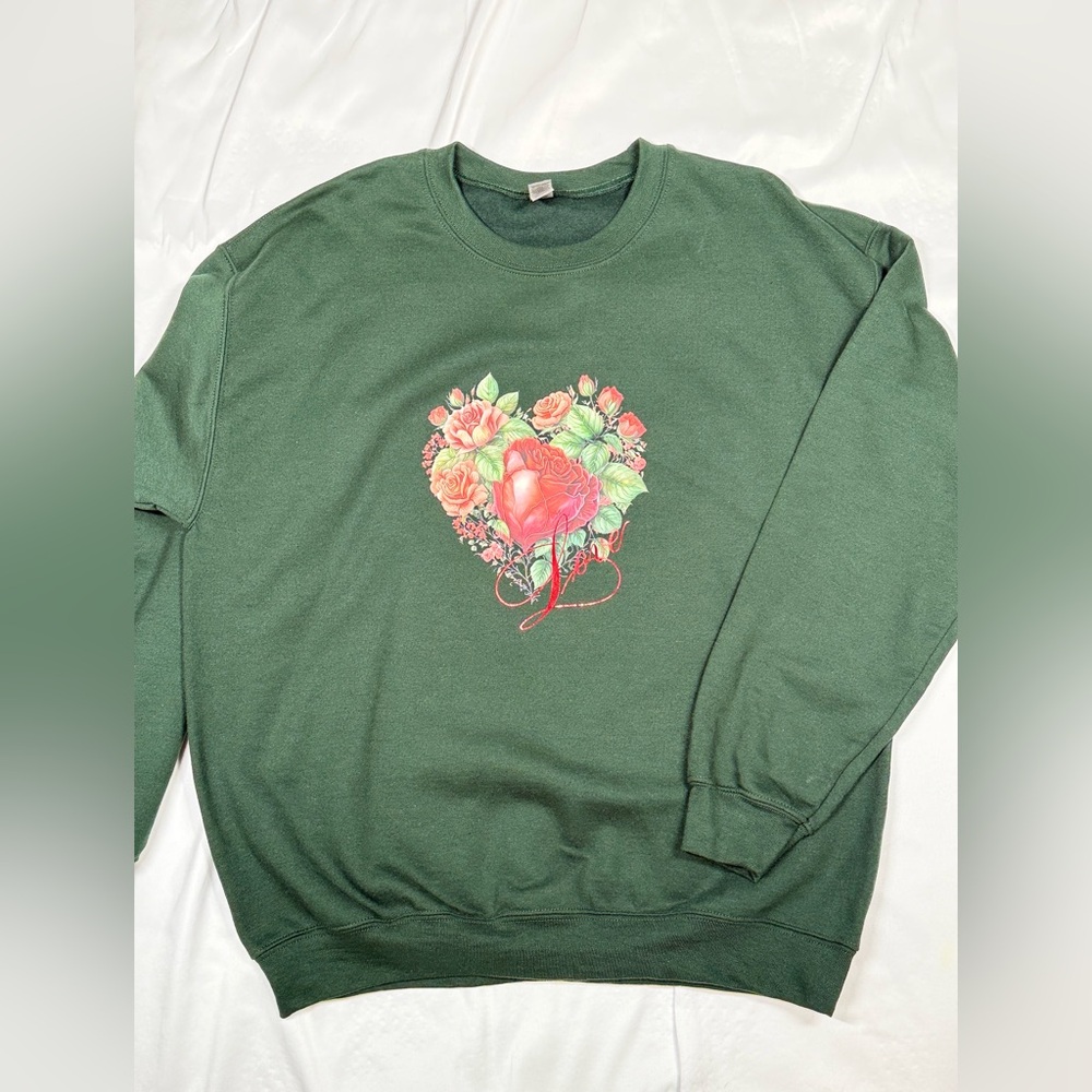 Gildan Forest Green Sweatshirt with Pink Floral Heart Graphic